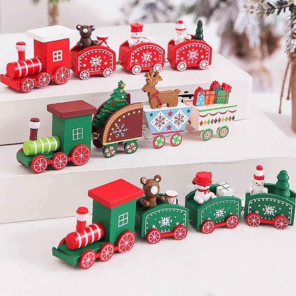 Wooden Christmas Train Ornament Plastic Mini Christmas Train Toys Festival Party Decoration Xmas Table Ornaments New Year Gifts