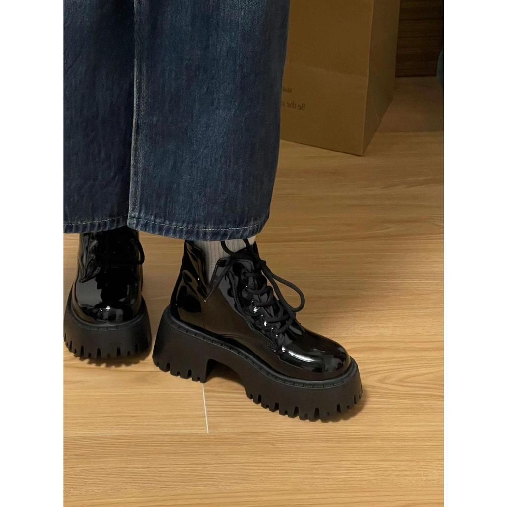 Black Patent Leather Martin Boots Women's 2025 Autumn New British Style Thick-soled Heightened Popular Locomotive Boots Retro Short Boots