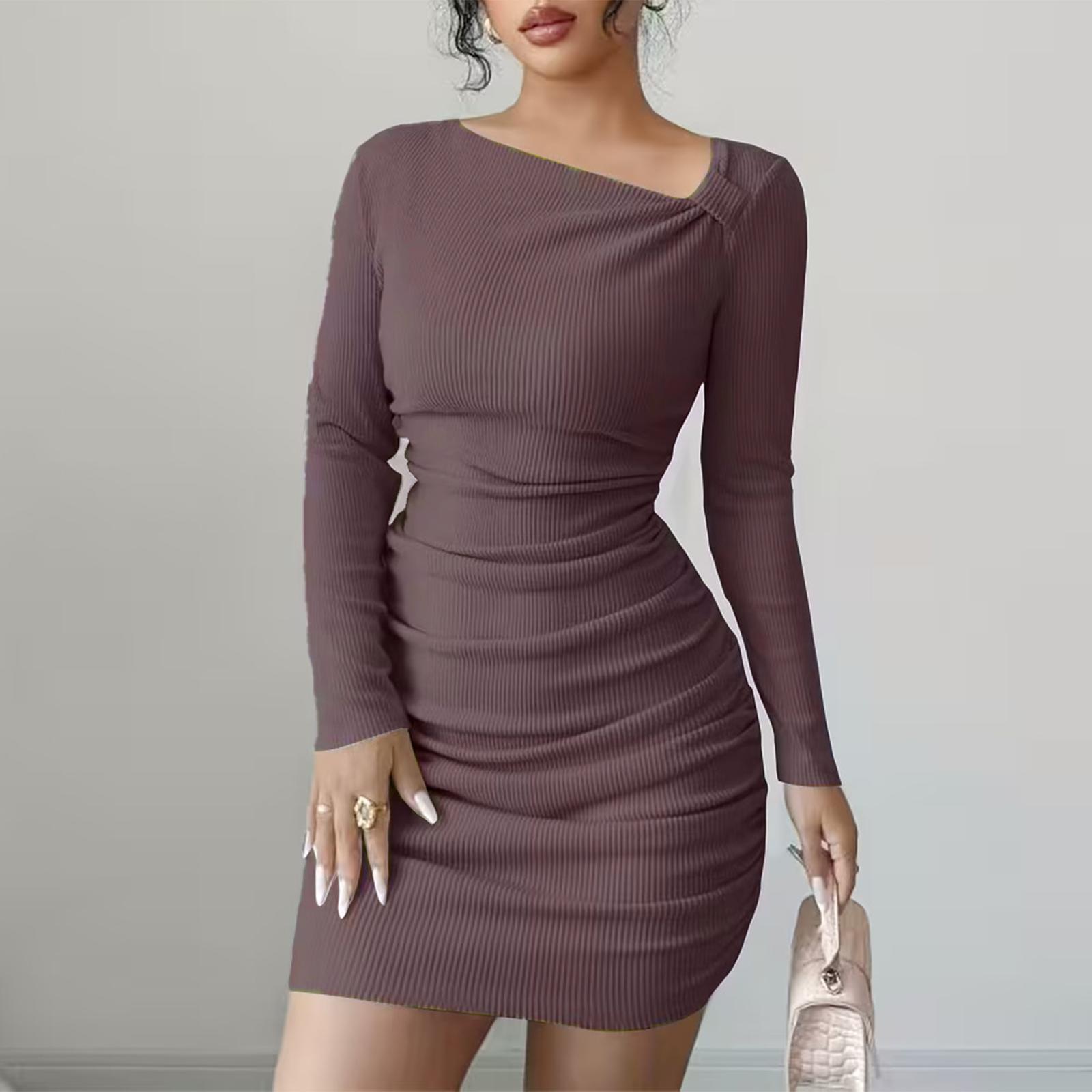 

Women s Fashionable Color Slanted Collar Long Sleeved Dress With A Slim Fit And Elastic Buttocks XXL винний