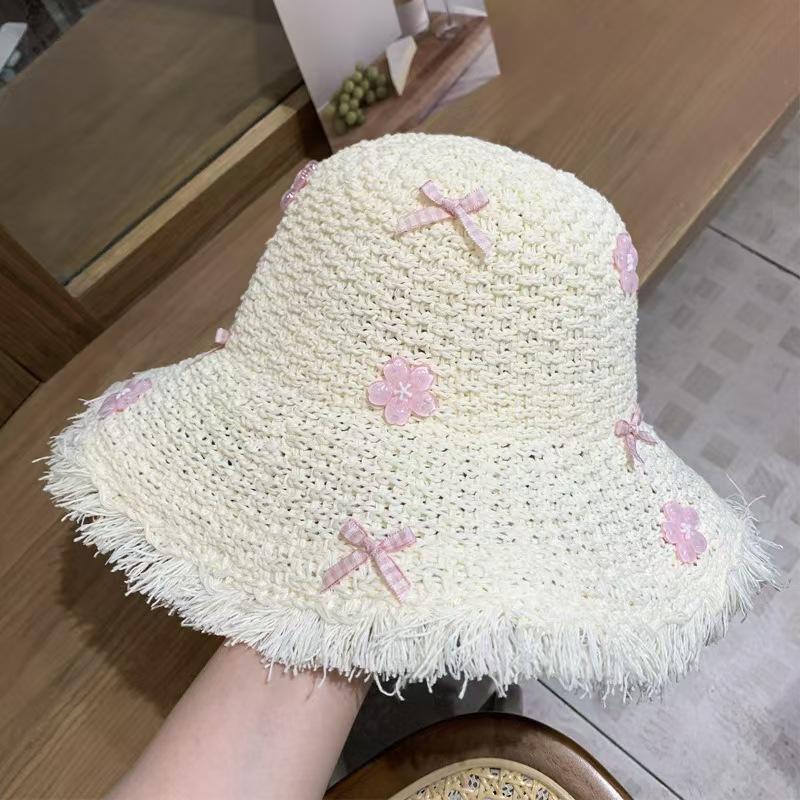 2025 new seaside vacation sunscreen big brim sunshade bucket hat trendy flower seedlings silk straw hat women's summer