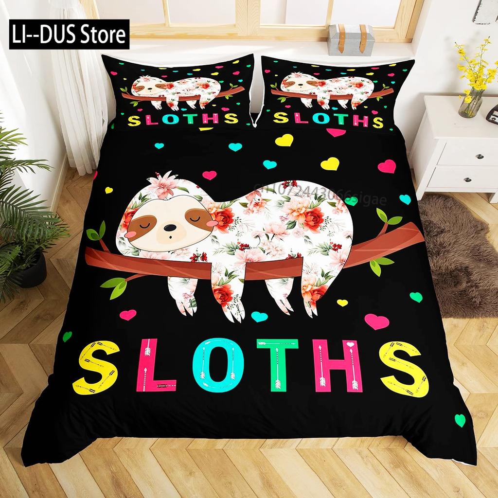 Sloth Duvet Cover Set Cartoon Character Sleeping on Branch Decorative 3 Piece Bedding Set with 2 Pillow Shams Queen Full Size