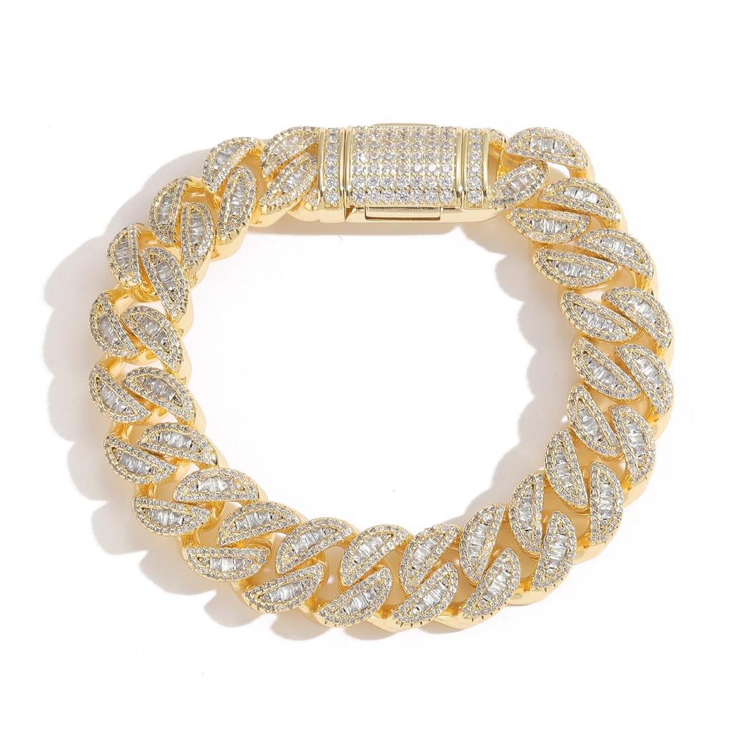 Fashion Hip Hop Jewelry 15mm Wide Iced Out Round and Baguette CZ Cuban Link Chain Bracelet for Men