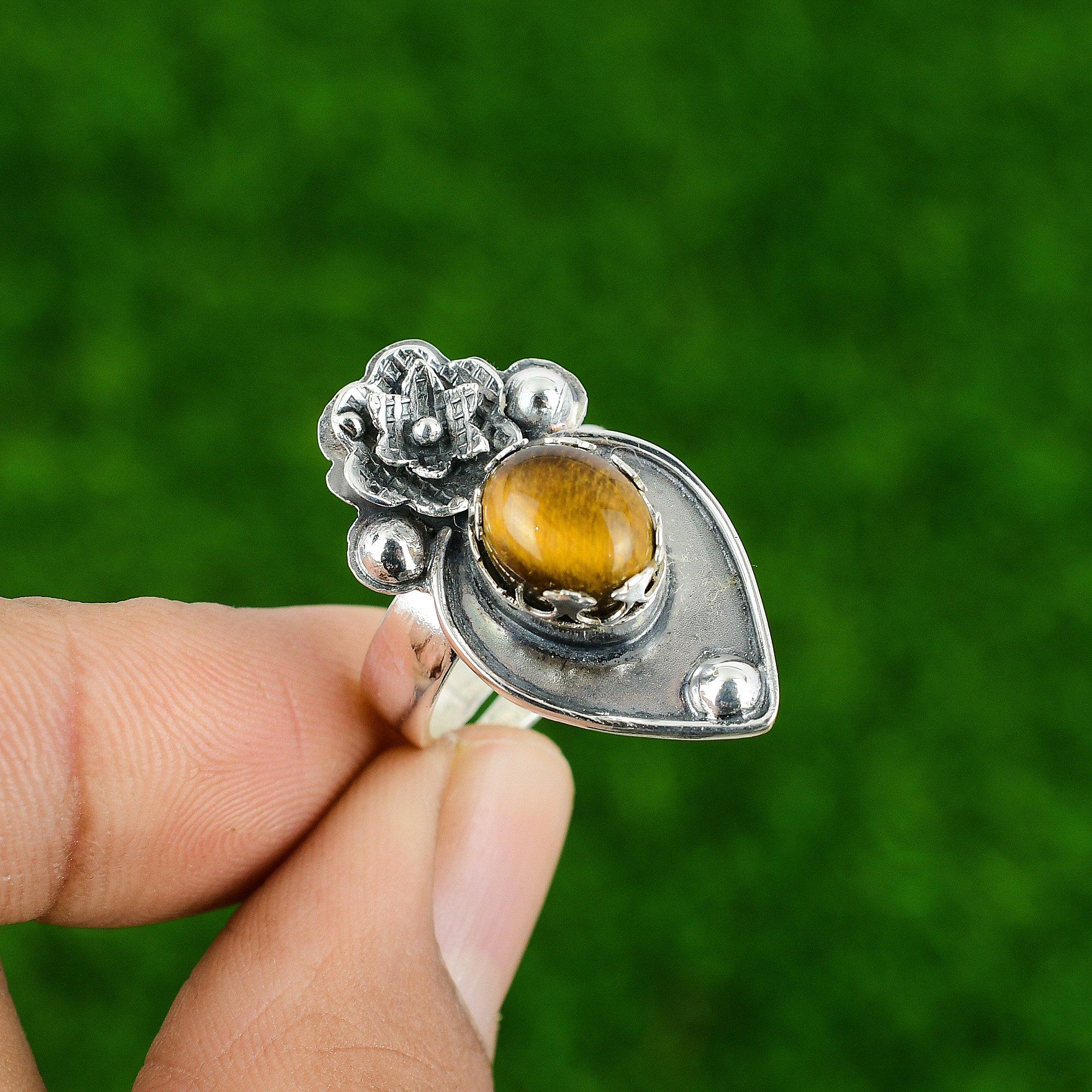 

Gift For Women Stackable Flower Adjustable Ring 925 Silver Natural TigerS Eye Adjustable