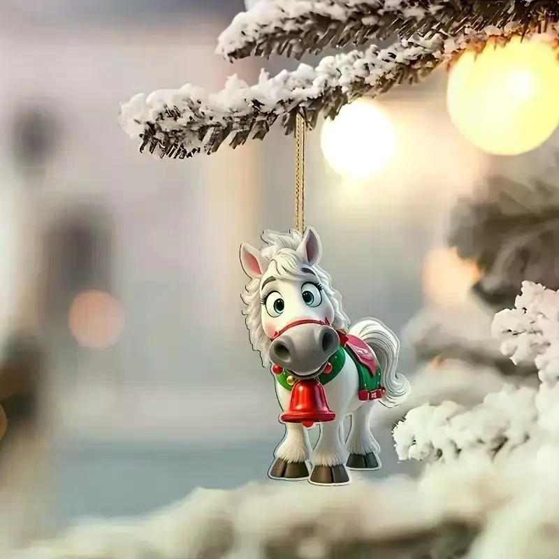 Christmas 2D Acrylic Horse Pendants Xmas Tree Hanging Ornaments Decoration Car Rearview Mirror Pendant Charm New Year Party Gift