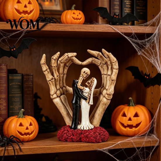 Halloween Skeleton Decoration Piece Couple And Hand Ornament, with Rose Base, Durable Hands Heart Ornament Resin Gothic Skull Wedding Decor, for Home
