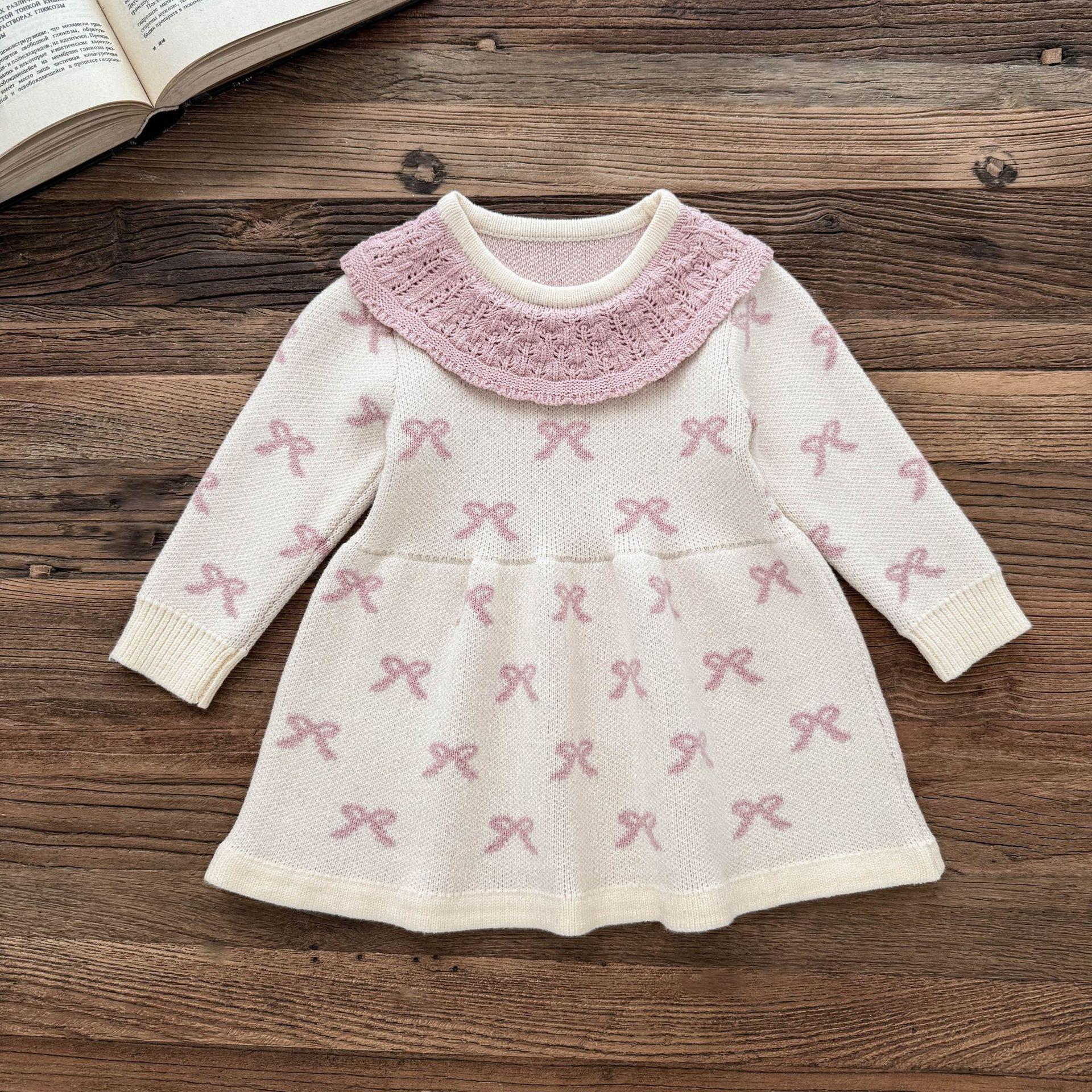 

Осенне-зимнее жаккардовое вязаное платье с бантом для девочек, праздничный наряд принцессы для младенца 80 cm розовый/абрикосовый