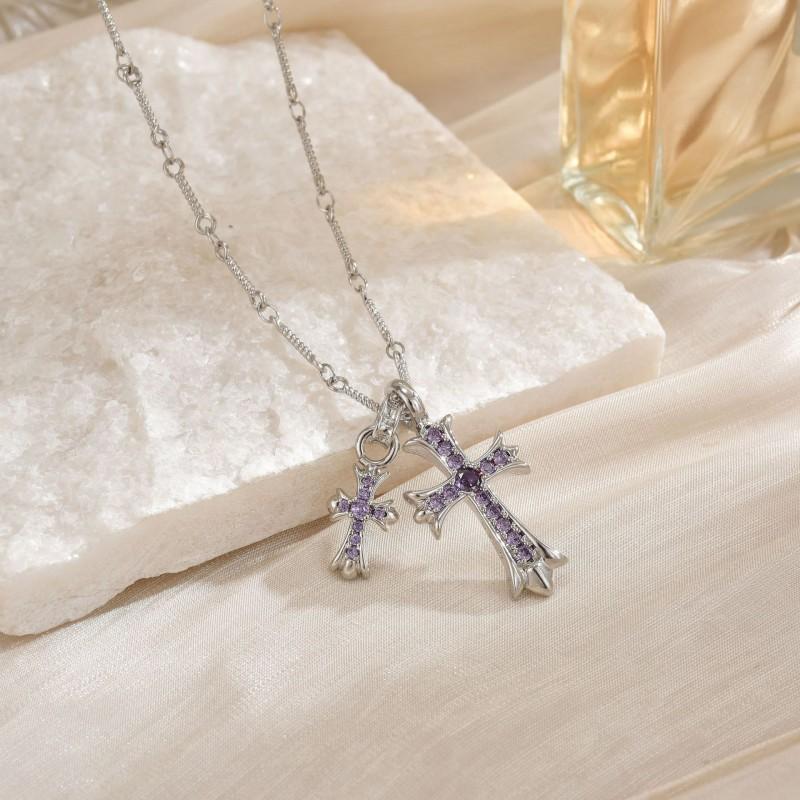 Double Cross Pendant Necklace Couples Titanium Steel Charm With Colored Cubic Zirconia Gold Rose Chain
