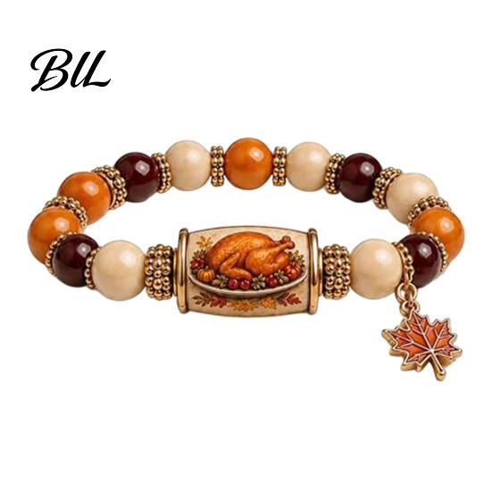 Thanksgiving Greeting Card Gift Bracelet for Women, Holiday Beaded with Festival Family Maple Leaf Charm, Elastic Stretch Fall Harvest Jewelry