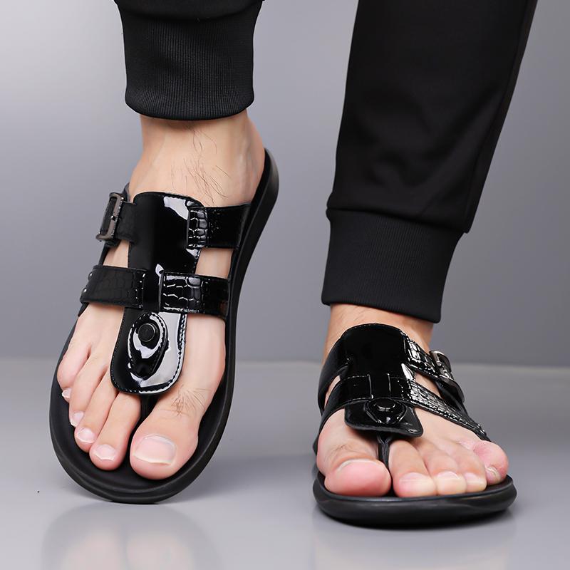 Men Black Leather Slippers Simple Flats Summer White Flip Flops Outdoor Sandals Blue Open Toe Beach Shoes Plus Size