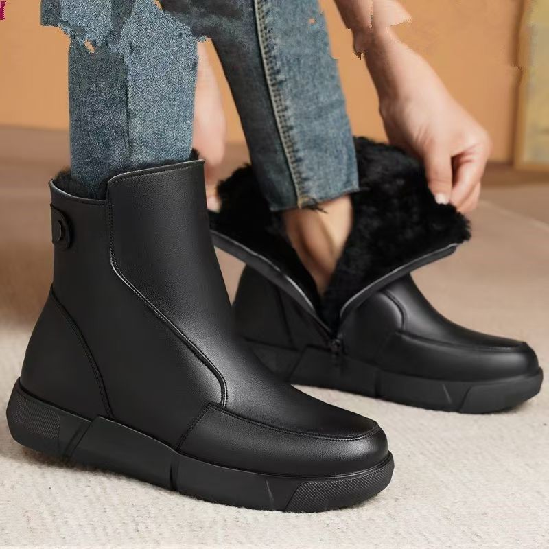 Women's Winter Leather Big Size Flat sole Snow Boot Thick Sole Non Slip Round Toe High Top Waterproof Plush Warm Cotton Boots