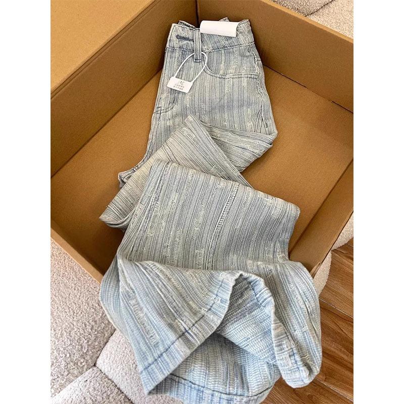 

Large Size Light Color Jacquard Design Jeans for Women in Summer Loose High Waisted Horseshoe Slightly Flared Pants 4XL синій