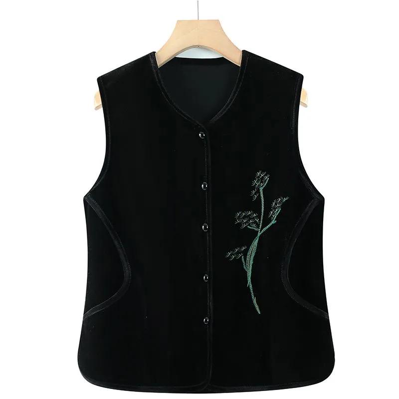 

Plus Size Spring and Autumn Waistcoat Ladies Fashion Jacket Chinese Style Warm Waistcoat Vest Embroidered Western Style Waistcoat 6XL чорний