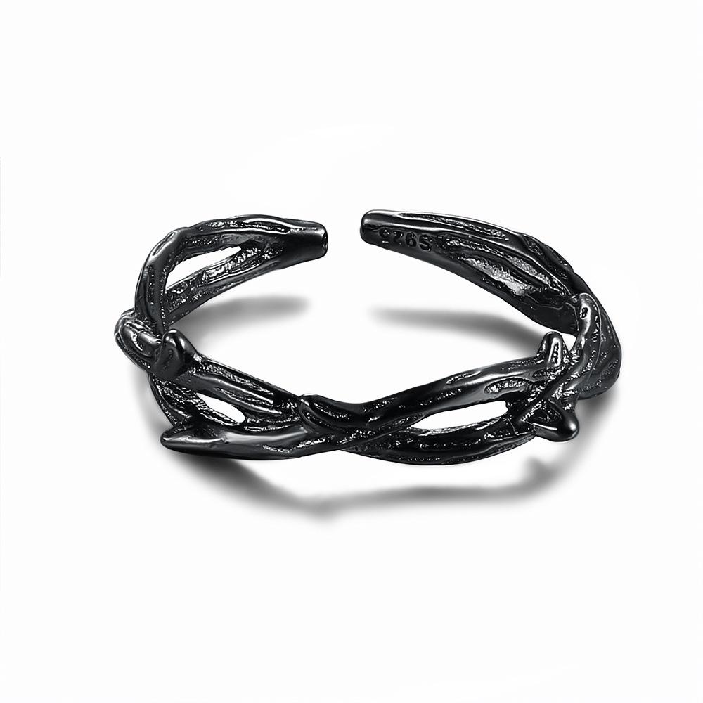 S925 Silver Plated Black Open Ring Women Simple Stylish Unique Design Index Finger Ring Couple Matching Ring adjustable