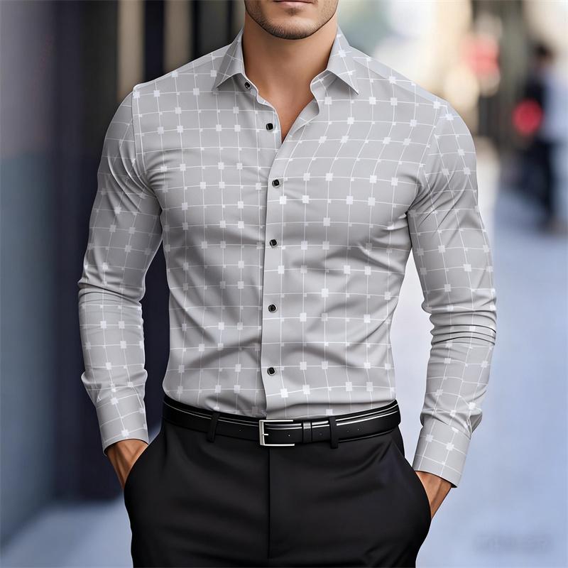Men's Stylish Geometric Square Print Long-sleeved Shirt, Slim Fit Business Casual Shirt