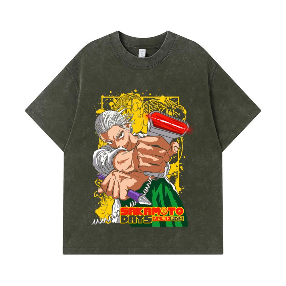 

275 GSM Washed T-shirts 100% Cotton Sakamoto Days V4 Taro Print Unisex Heavy Cotton T Shirt S армия зеленый