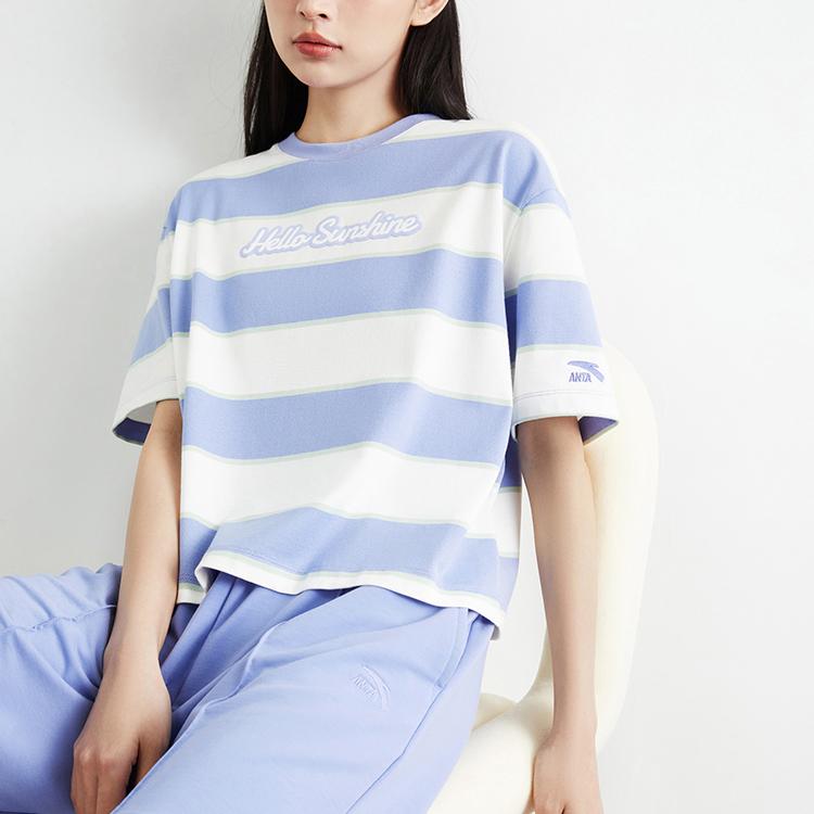 Anta Lifestyle Series Logo Letter Striped Round Neck Loose Short Sleeve T-Shirt Women T-Shirt Lilac 162328141-1