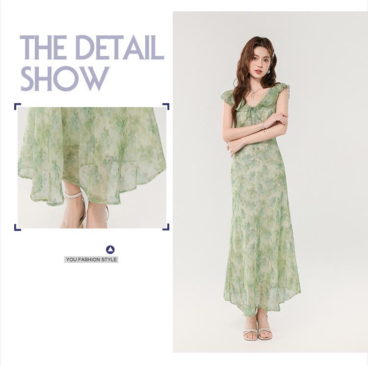 Damen Floral V-Ausschnitt Grünes Kleid - Frühling/Sommer 2026, Urlaubsstil, Fledermausärmel, Tailliert.