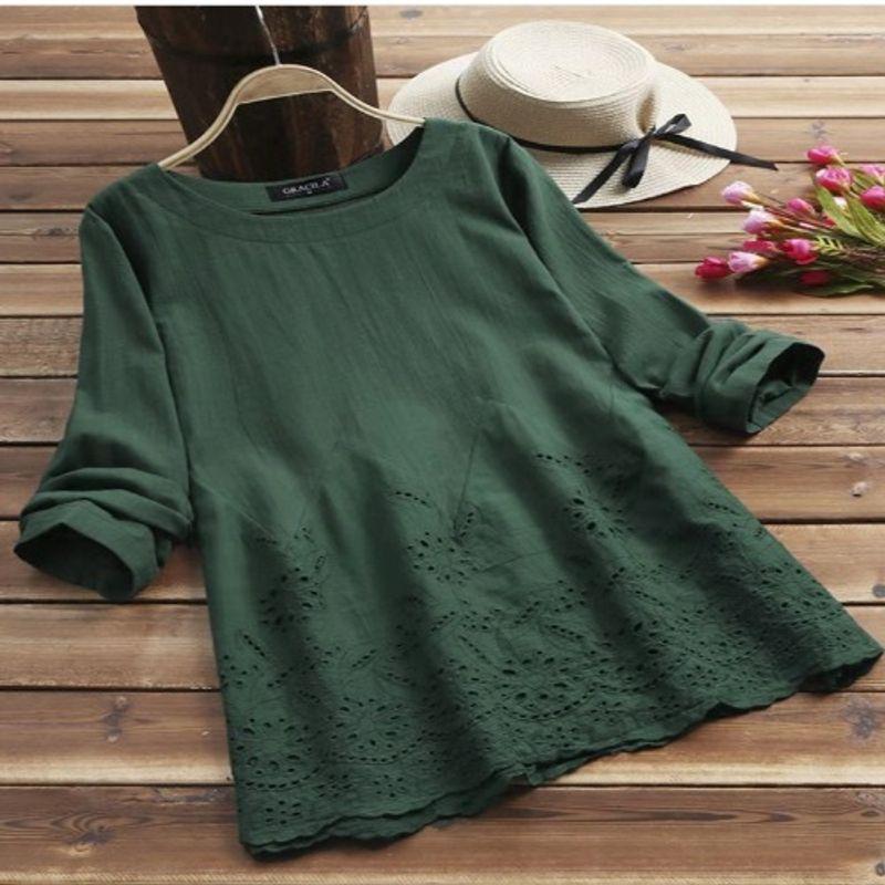 

European Station Hook Flower Cut Out Loose Long Sleeves Casual Embroider Green 2XL