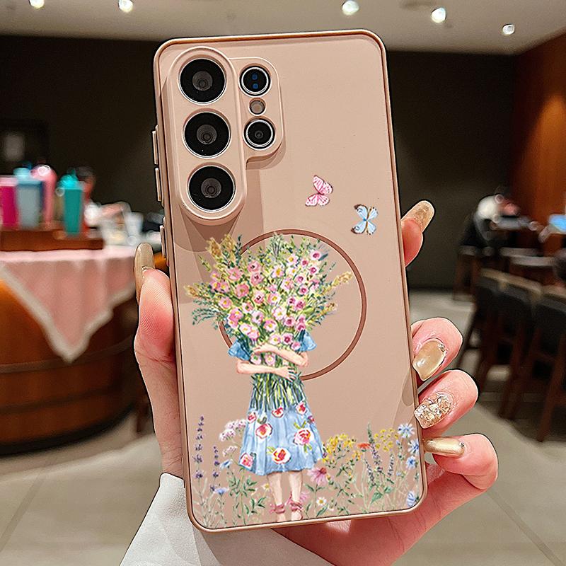 Cartoon Flower Girl Pattern Case For Samsung Galaxy S26 Ultra S25 Edge S24 Plus S23 FE S22 A54 A55 A56 5G Magnetic For Magsafe Matte Cover