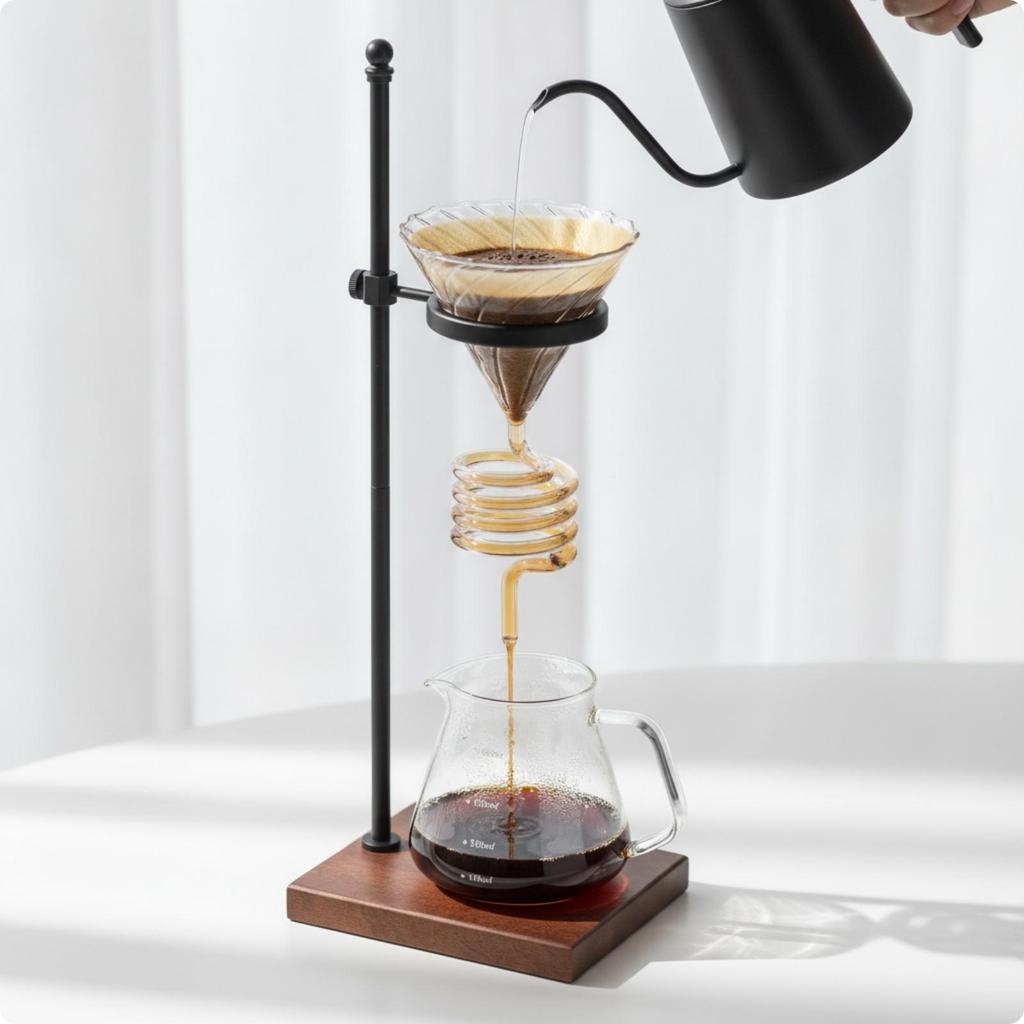 Kaffee-Dripper-Ständer mit verstellbarer Höhe Metall und Holz Pourover Kompakt für