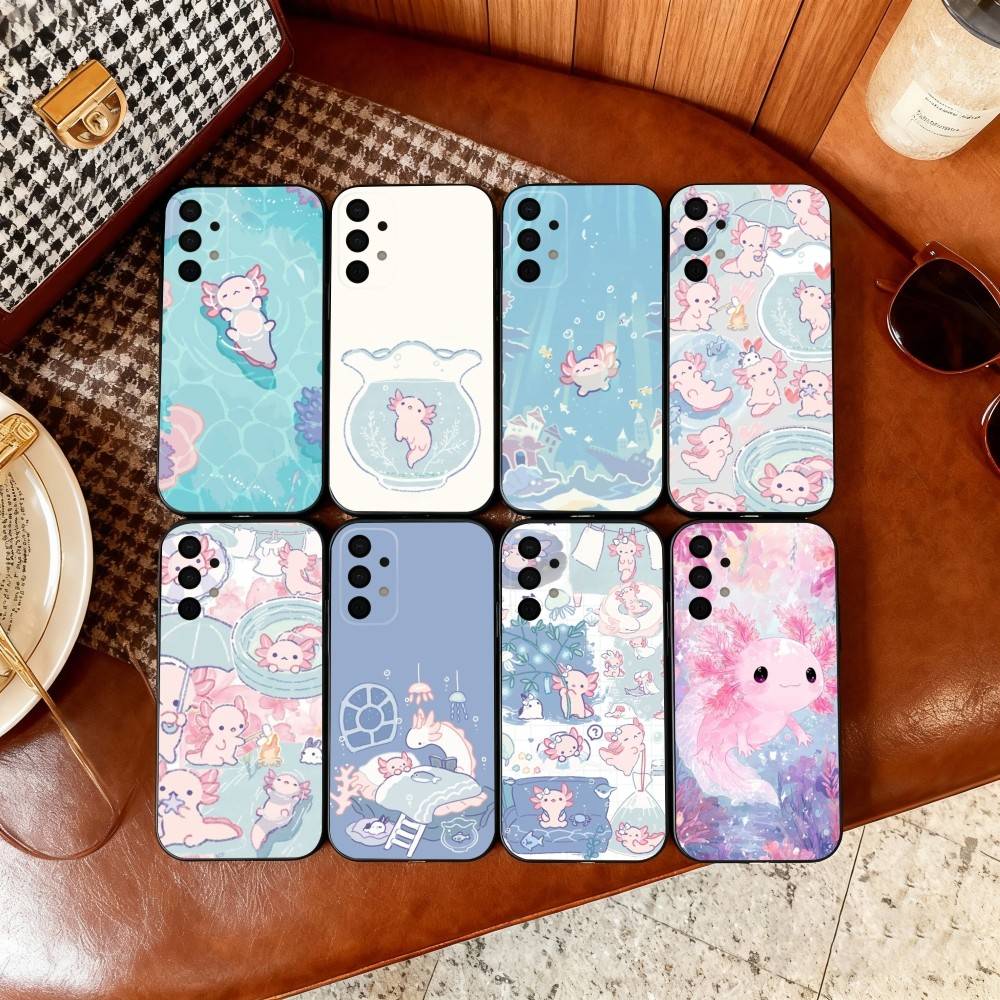 Cute C-Cartoon Axolotl Phone Case For Samsung Galaxy A73,A72,A71,A70,A53,A52,A51,Soft Silicone Black Cover
