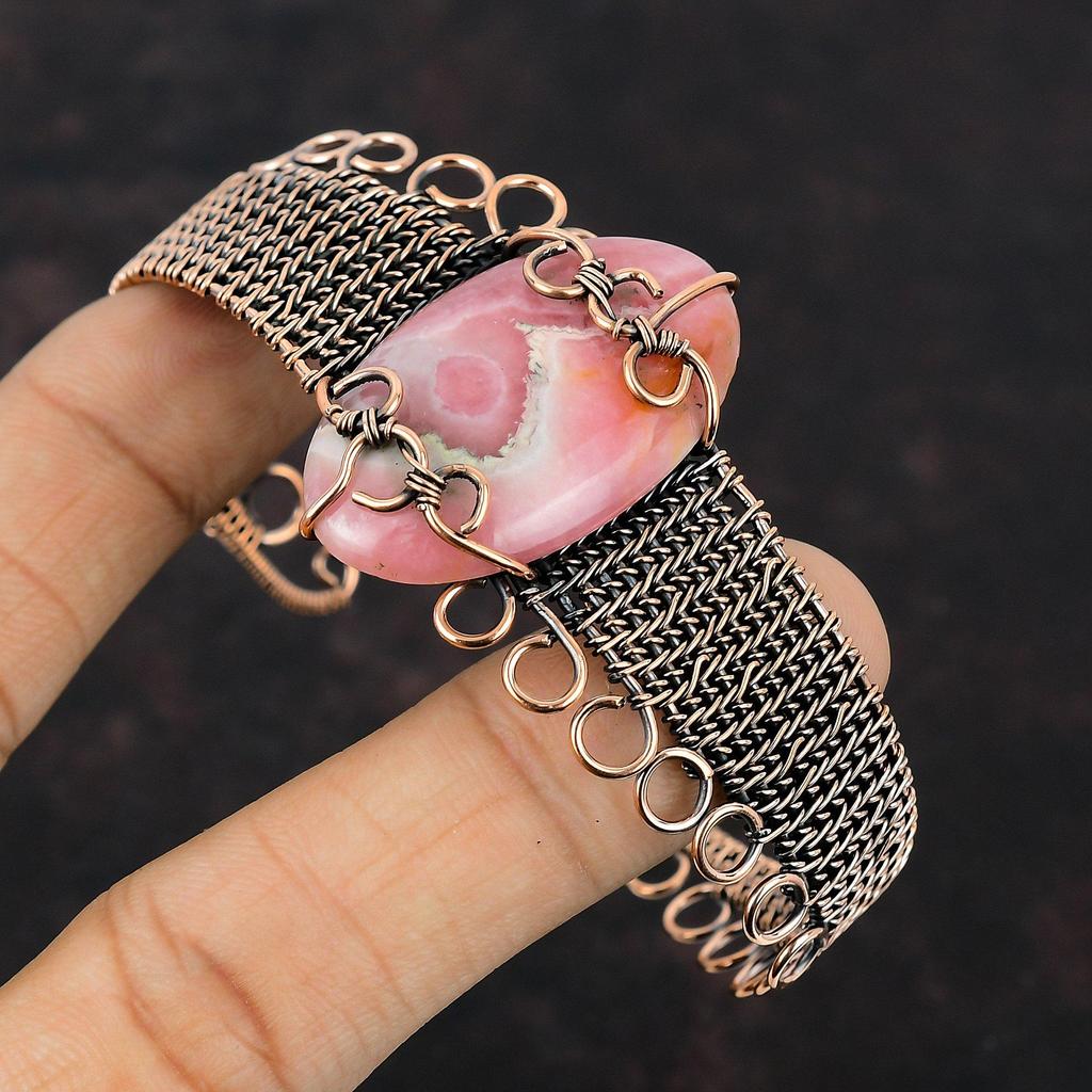 Rhodochrosite Copper Wire Wrapped Bangle Adjustable Cuff Bracelet Genuine Gemstone Bangle Handmade Bracelet Copper Wire Jewelry Gift For Her