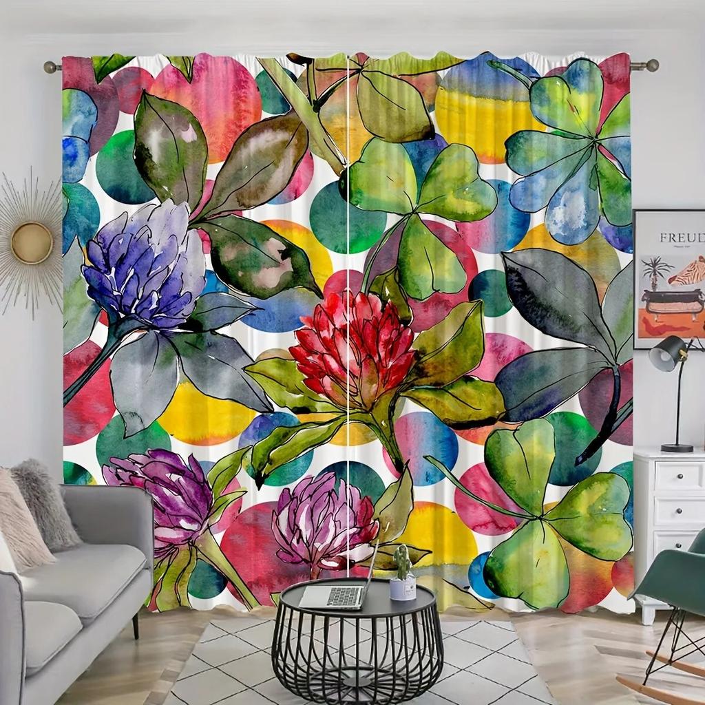 2pcs Wild Flowers Peonies With Watercolor Style Printed Curtains Rod Pocket Curtain  For Living Room Bedroom Windows Home Decor