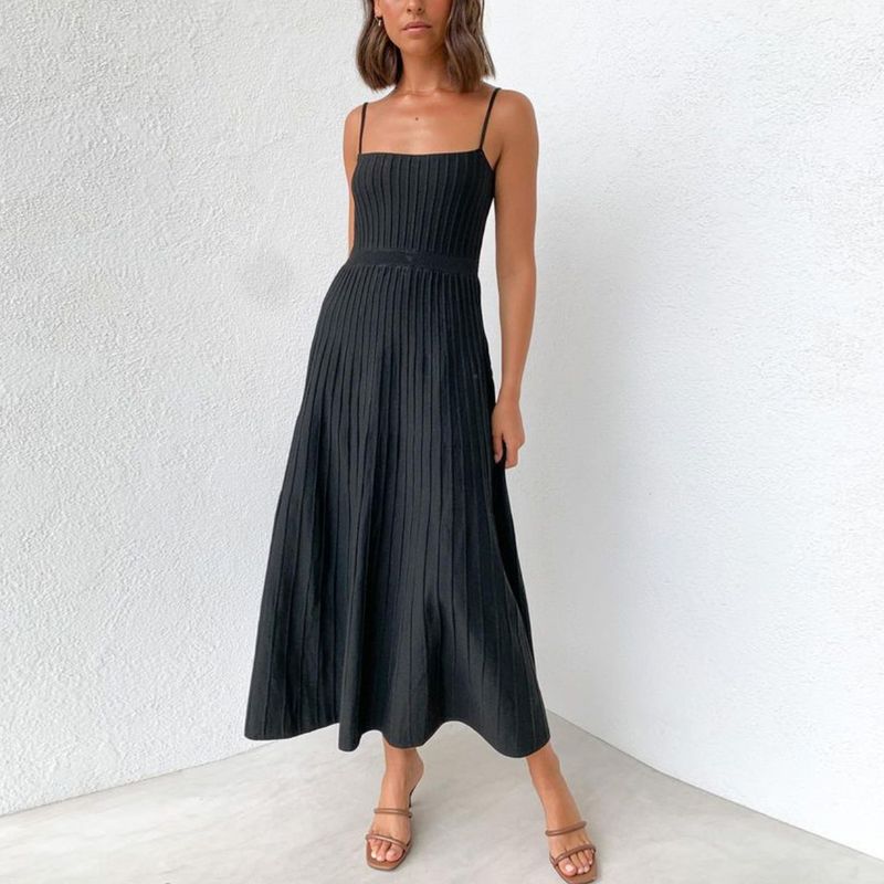 Pleated Long Skirt Summer Women clothes Slim fit High Waist Sling Knitted dress Vacation Pleated Long dress