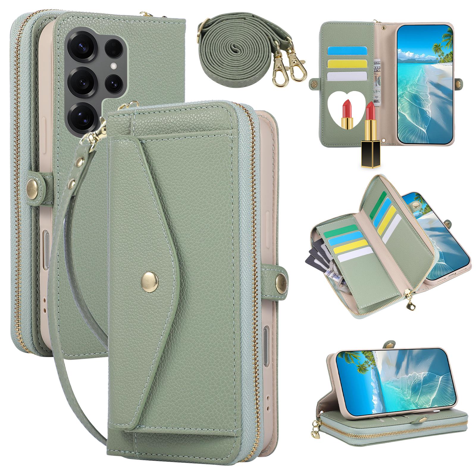 Crossbody Zipper Wallet Case for Samsung Galaxy S26 Ultra S25 Plus S25E S24 FE S23 + S22U Stand Phone Cover Strap Cards Bag Galaxy S22 5G светло-зеленый