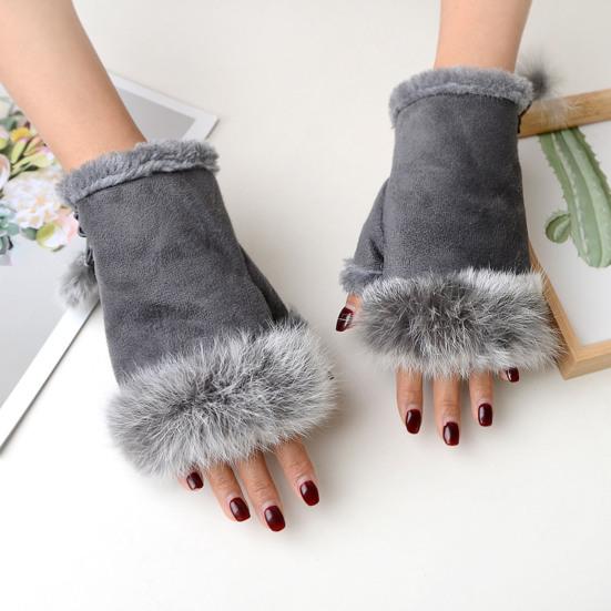 Women Fingerless Gloves Winter Suede Faux Fur Gloves Warm Fuzzy Half Finger Mittens for Women Girls Teens Writing Typing