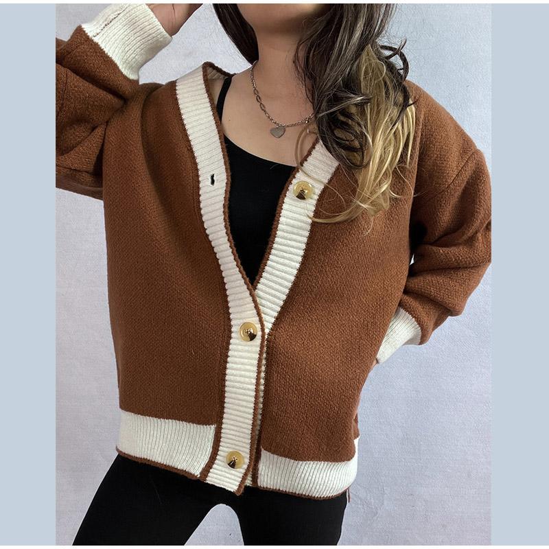 Knitted Cardigan Women V-neck Sweater Autumn Winter Single Breasted Coats Fashion Long Sleeve Panelled Casual Outerwear