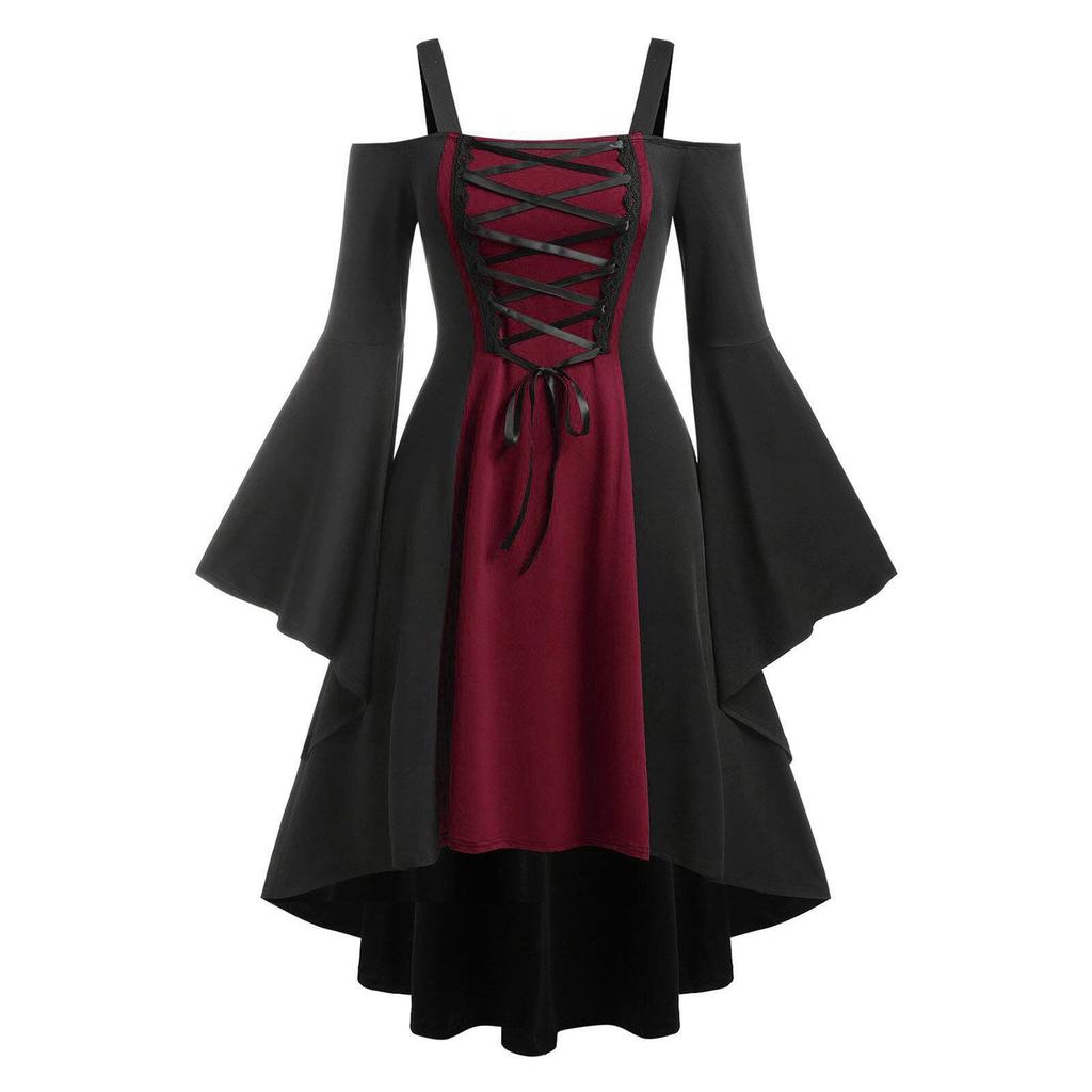 Fashion Women Colorblock Lace Sling Dress Square Neck Tie Flare Sleeves Swing Dress