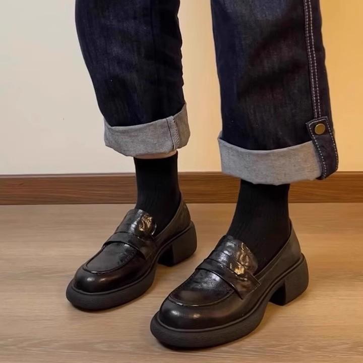 Sheepskin version~ genuine leather retro black platform heightening loafers women's versatile thick heel single shoes British style small leather shoe
