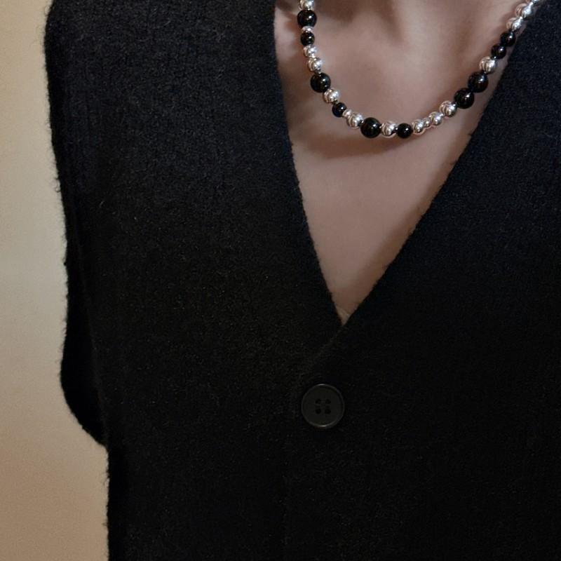 S925 Sterling Silver Niche Design Sense Simple Black Agate Necklace Fashionable Simple Personality Collarbone Chain