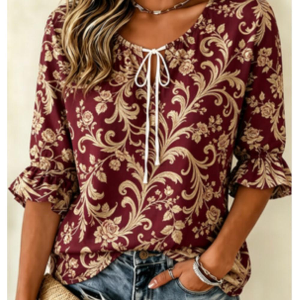 Women's Burgundy Gold Vintage Scroll Floral Print Tie Split Neck Ruffle 3/4 Sleeve Retro Party Blouse