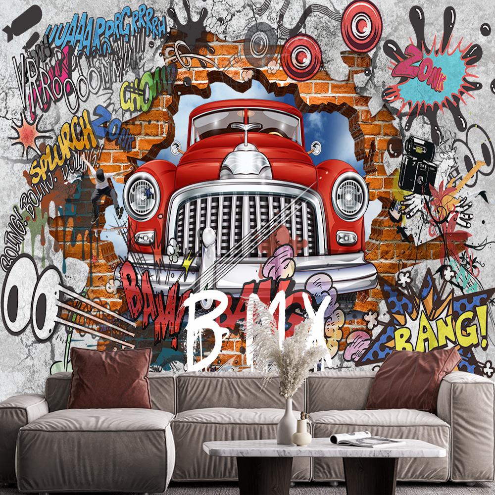 Retro Nostalgic 3d Brick Wall Mural Car Graffiti Large Mural Creative Graffiti Mural Cafe Restaurant Wallpaper