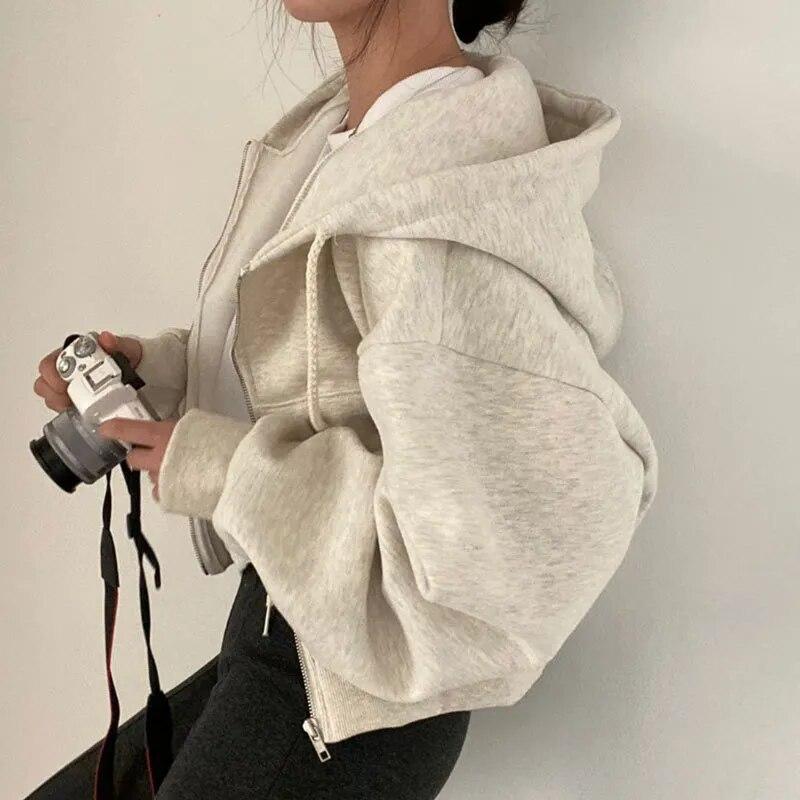 Women Hoodies Retro Solid Color Zip Up Oversized Sweatshirts Harajuku Korean Version Long Sleeve Hooded Jackets Coat