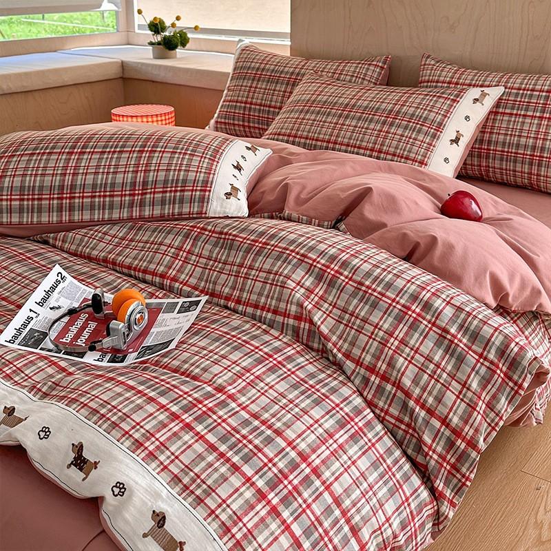 2026 Retro Striped Cotton Flannel Bedding Set Cartoon Embroidered 4pcs All