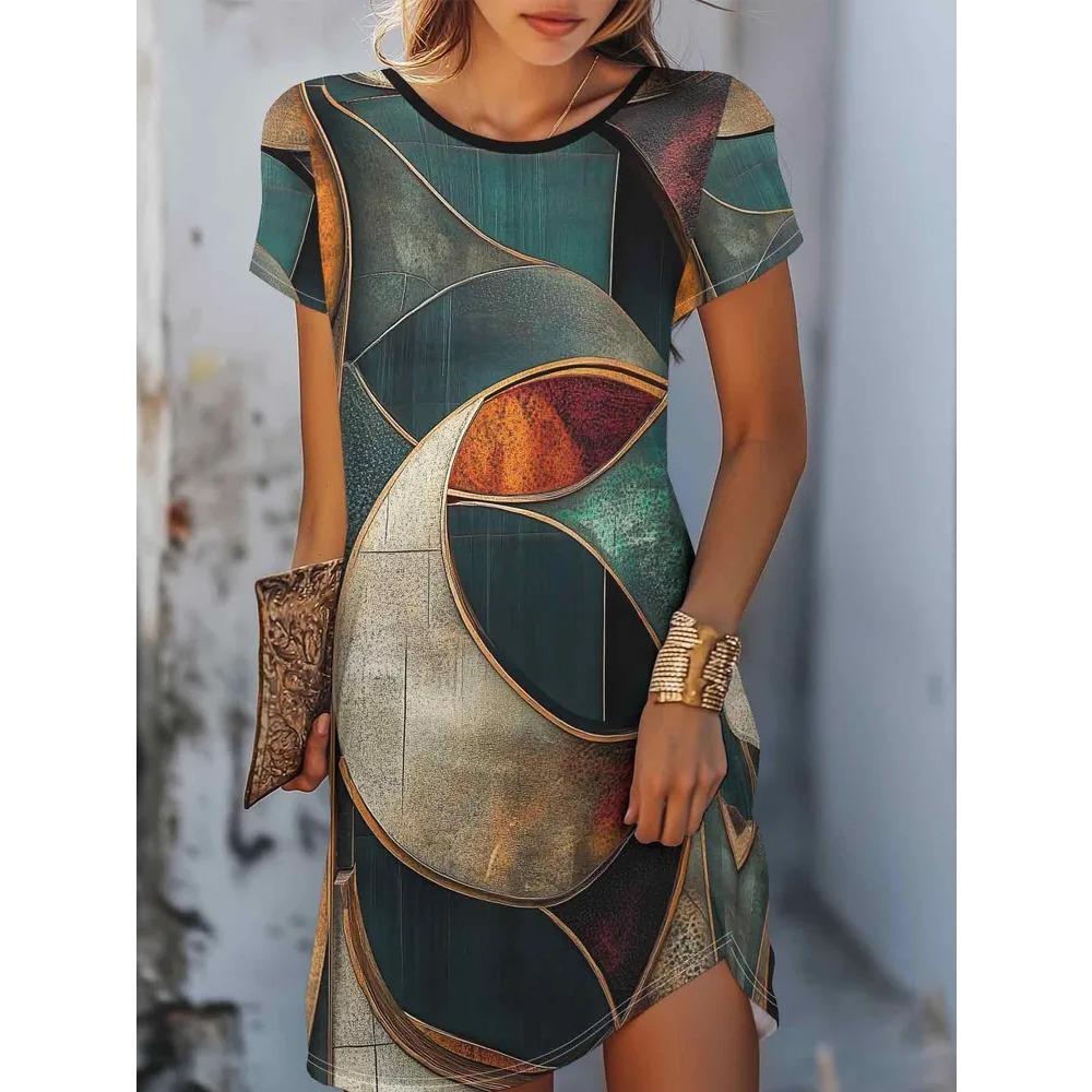 Винтажное платье Летнее Повседневное Короткий рукав Круглый вырез 3D принт Новое Удобное Модное Женское Свободное Платье Оверсайз 8XL
