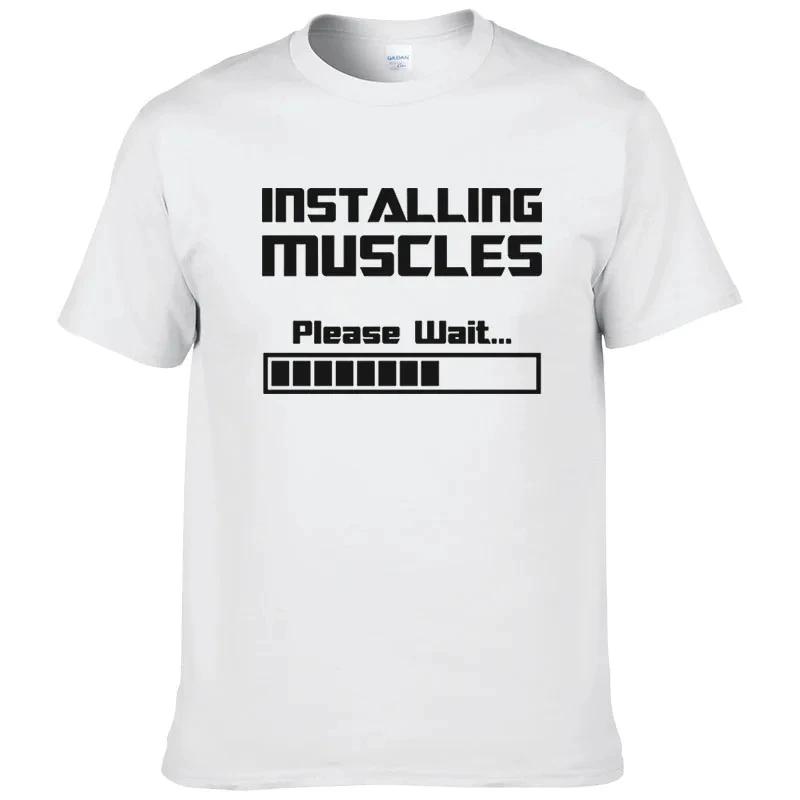 Summer Tshirts Installing Muscles Please Wait Funny Letter Print T Shirt Men Women Cotton Short Sleeve Tee Shirts Men Clothing