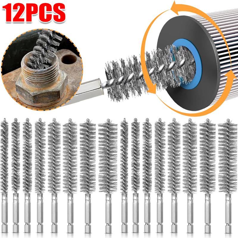 Hex Shank Stainless Steel Bore Brush Drill Bit Cleaning Rust Removal Brush Set Twisted Wire Brushes for Power Drill Cleaning