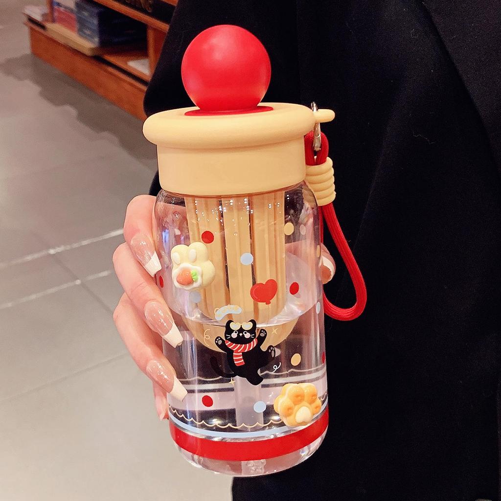 2026 Girls' Large Capacity Plastic Cup: Cartoon Design, Separate Tea & Water Straws, Includes Lanyard