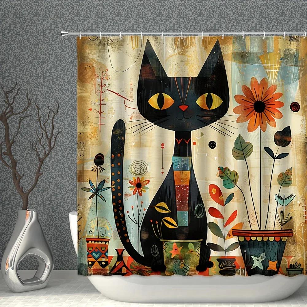 rustic black cat and sunflower shower curtain, retro watercolor cartoon cat design, polyester fabric bathroom trim with hooks