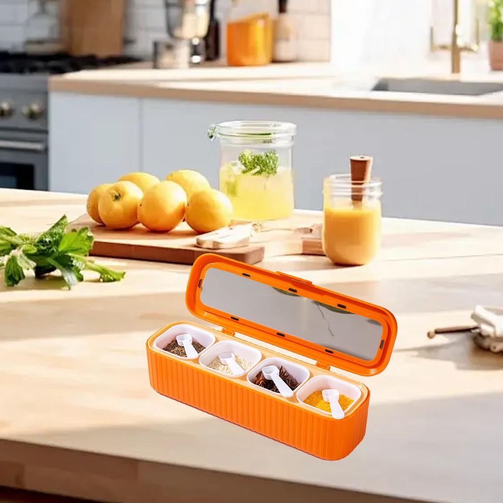 Gewürzaufbewahrungsbox Versiegelt 4 Fächer Gewürzbehälter Set Haushaltsaufbewahrungsbehälter Gewürzgläser mit Löffel