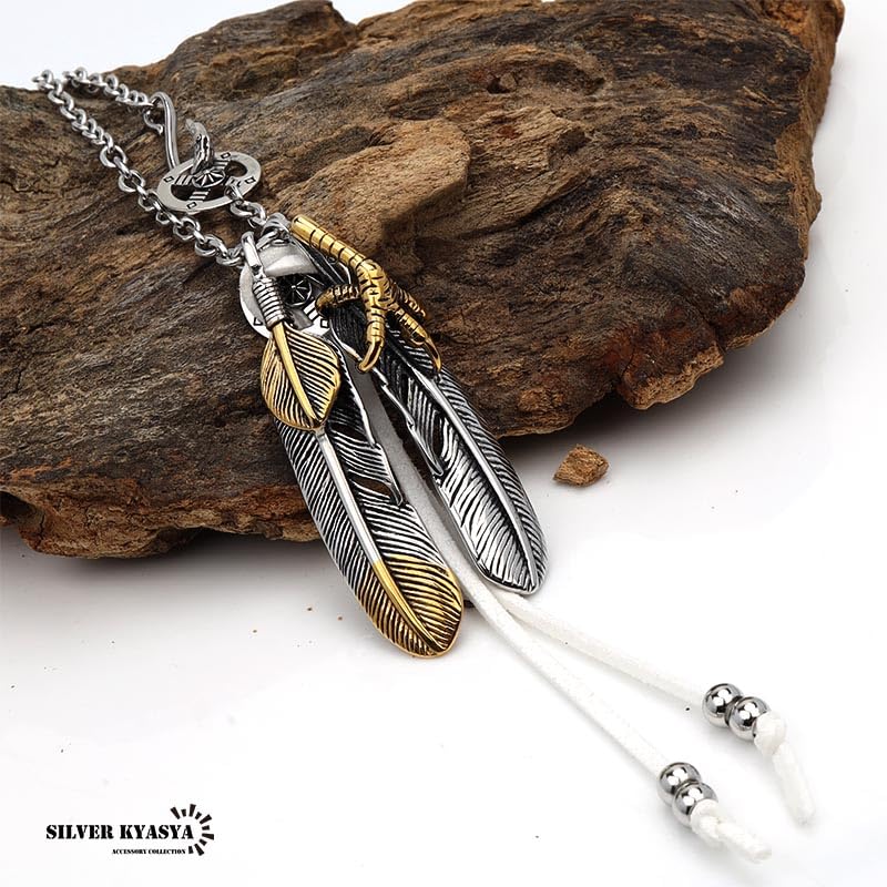 Stainless Steel Extra Large Feather Necklace Pendant Feather with Gold Gold Heart Gold Tip Feather Necklace [silver KYASYA] - Claw, Top, (2 Pieces) -