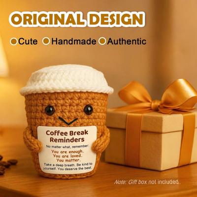 Handgehäkelte Kaffeebecher-Puppe - Braun Weiß Emotionale Unterstützung Spielzeug, Simulation Schreibtisch Dekoration Geschenk für Kaffee-Liebhaber