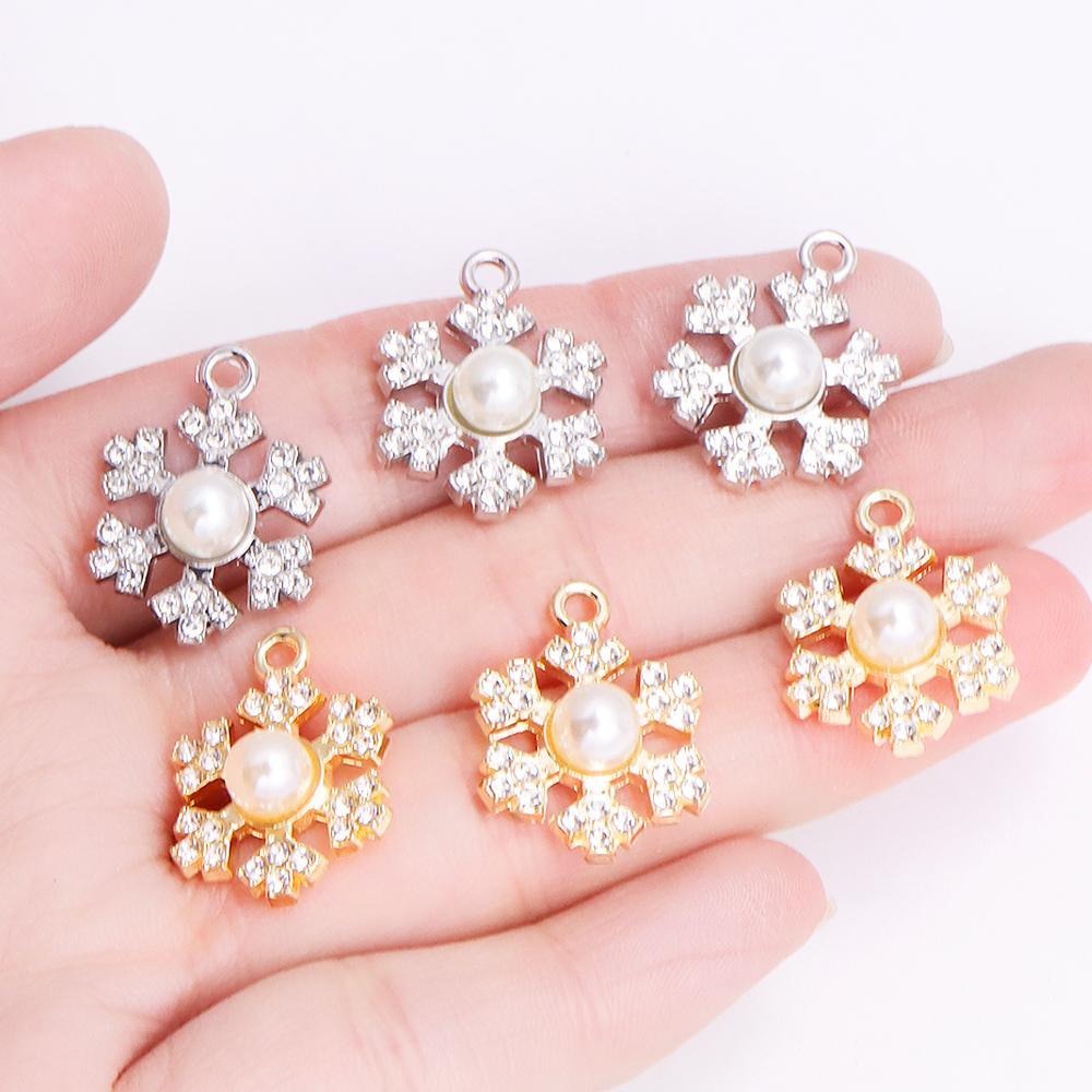10Pcs Delicate Pearl Zircon Snowflake Pendant Alloy Metal Charms for Diy Jewelry Making Necklaces Earrings Craft Accessories