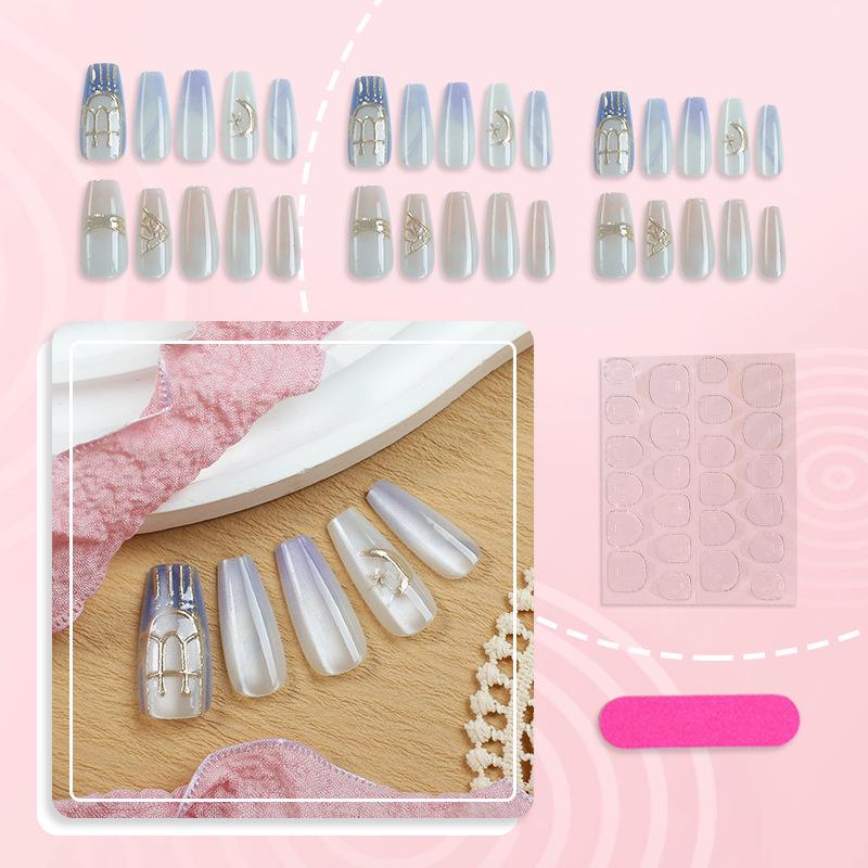 Glitter Gradient Blue Medium Press-On Nails - Light Luxury Manicure, Simple Solid Color Nail Stickers