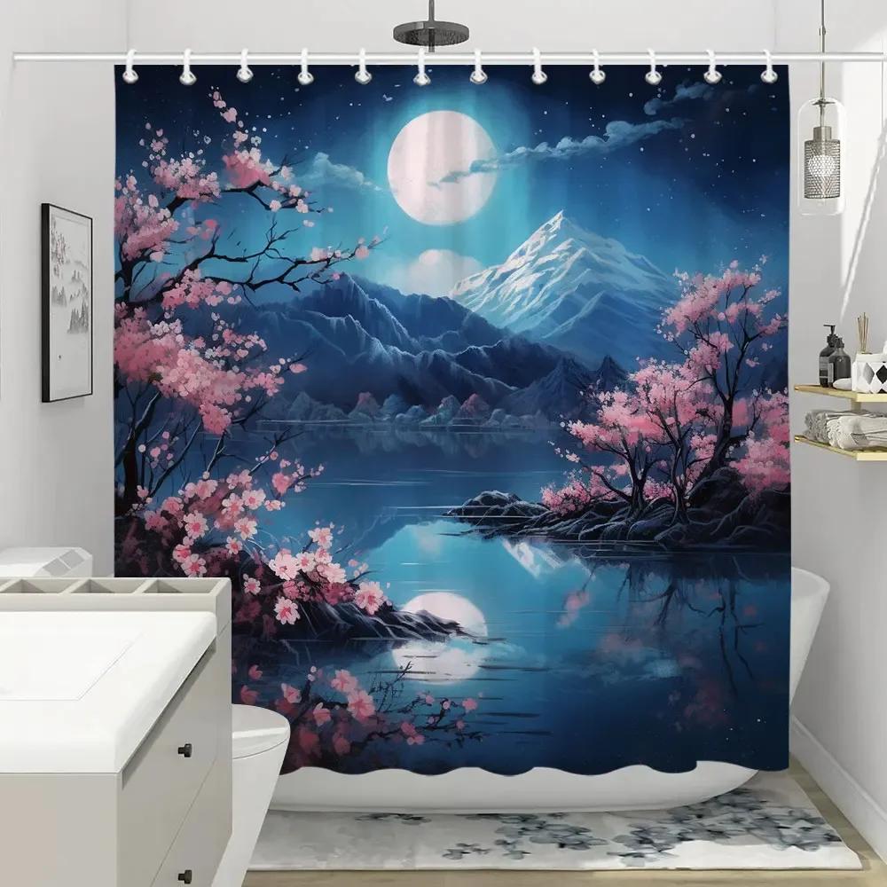 Shower Curtain Red Plum Blossom Branch Japanese Chinese Oriental Sun Misty Mountains Ink Nature Landscape Bathroom Curtains