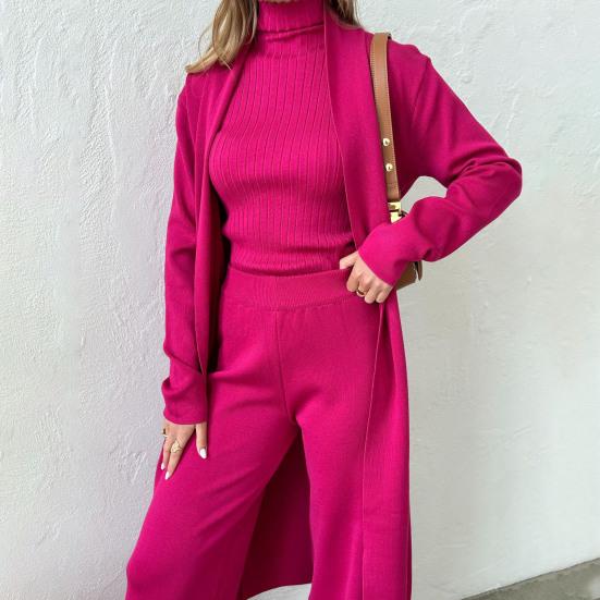 Women's Piece Cardigan Knit Lounge Set 3 Elastic Waist Wide Leg